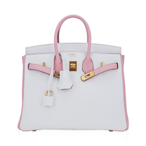 Hermes Special Order HSS Birkin 25 Bag Rose Sakura & White Clemence Leather Gold Hardware