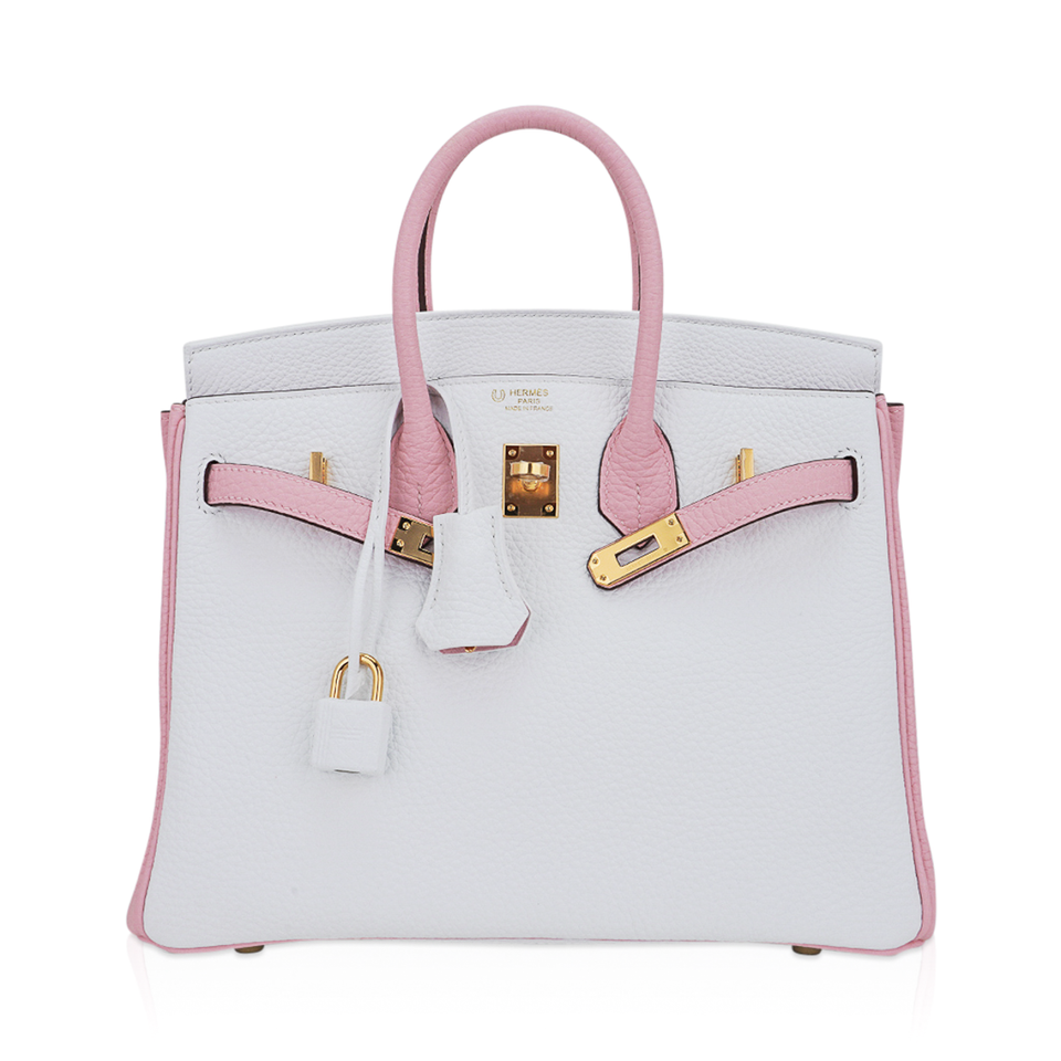 Hermes Special Order HSS Birkin 25 Bag Rose Sakura & White Clemence Leather Gold Hardware