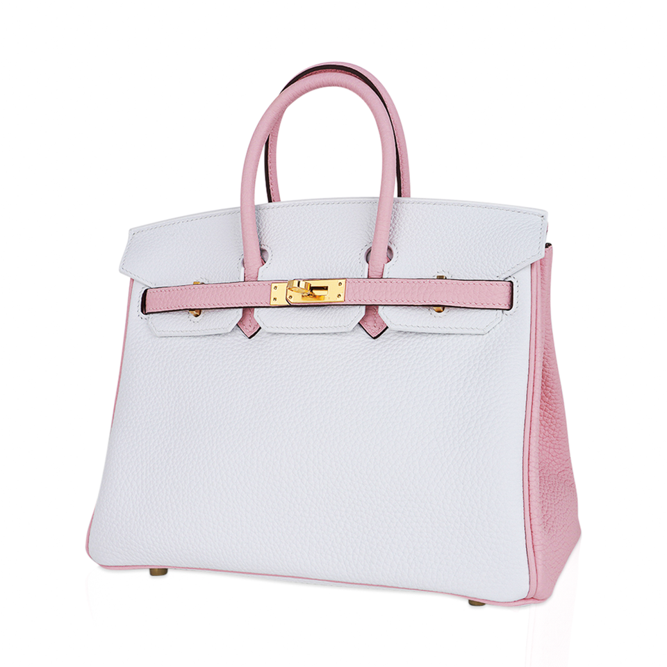 Hermes Special Order HSS Birkin 25 Bag Rose Sakura & White Clemence Leather Gold Hardware