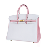 Hermes Special Order HSS Birkin 25 Bag Rose Sakura & White Clemence Leather Gold Hardware