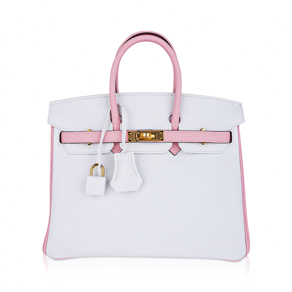 Hermes Special Order HSS Birkin 25 Bag Rose Sakura & White Clemence Leather Gold Hardware