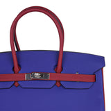 Hermes Special Order HSS Birkin 35 Bag Blue Electric & Rouge Grenat Togo Leather with Palladium Hardware