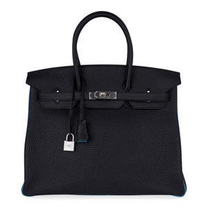 Hermes Special Order HSS Birkin 35 Bag Black & Turquoise Togo Leather with Brushed Palladium Hardware