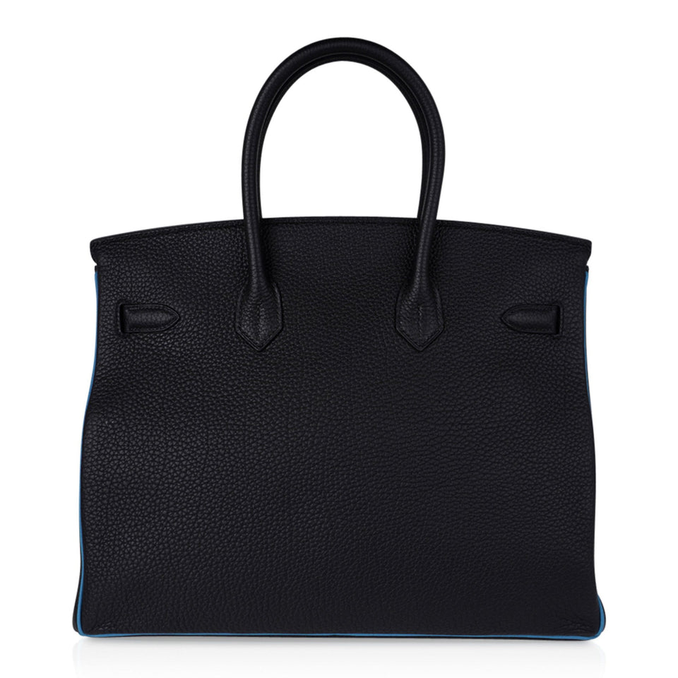 Hermes Special Order HSS Birkin 35 Bag Black & Turquoise Togo Leather with Brushed Palladium Hardware