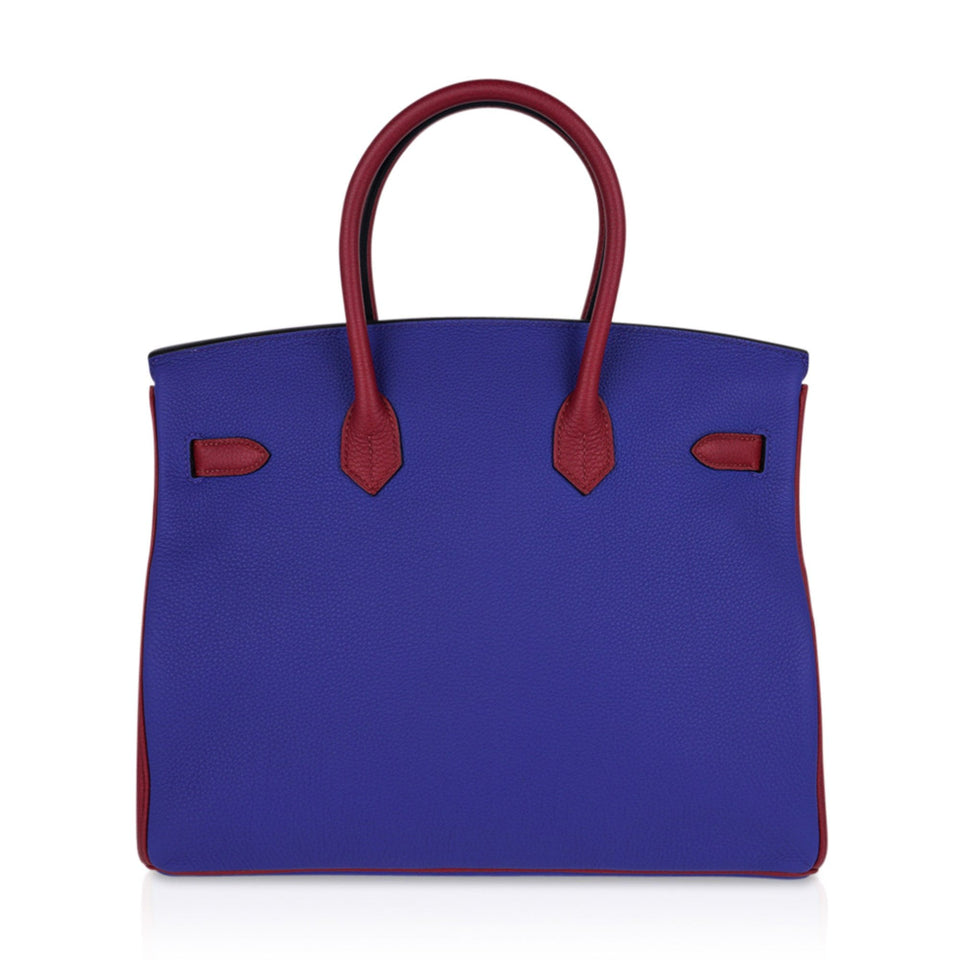 Hermes Special Order HSS Birkin 35 Bag Blue Electric & Rouge Grenat Togo Leather with Palladium Hardware