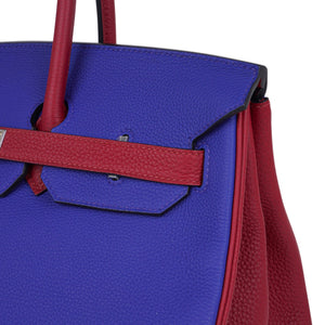 Hermes Special Order HSS Birkin 35 Bag Blue Electric & Rouge Grenat Togo Leather with Palladium Hardware