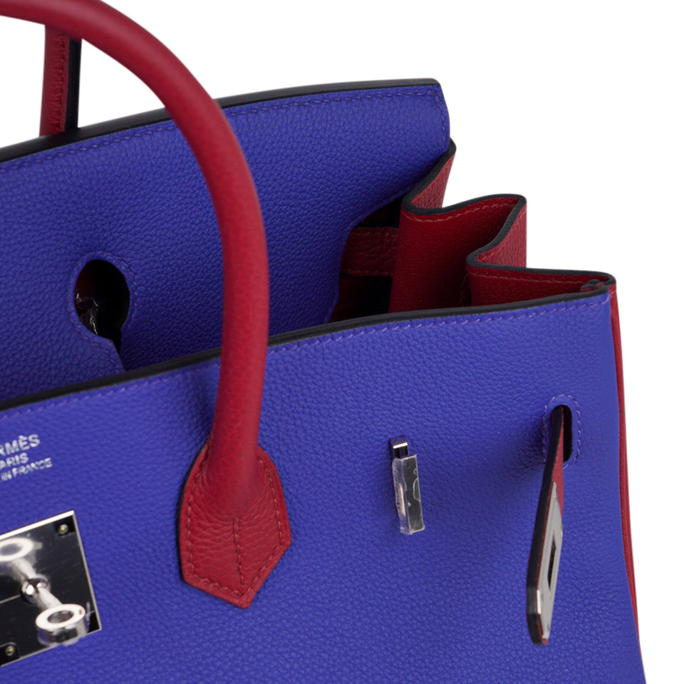 Hermes Special Order HSS Birkin 35 Bag Blue Electric & Rouge Grenat Togo Leather with Palladium Hardware