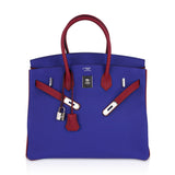 Hermes Special Order HSS Birkin 35 Bag Blue Electric & Rouge Grenat Togo Leather with Palladium Hardware