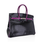 Hermes Special Order HSS Birkin 35 Bag Black & Violet Porosus Crocodile with Palladium Hardware