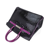 Hermes Special Order HSS Birkin 35 Bag Black & Violet Porosus Crocodile with Palladium Hardware