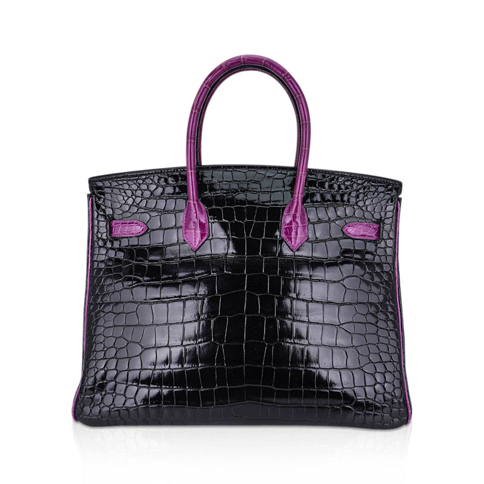 Hermes Special Order HSS Birkin 35 Bag Black & Violet Porosus Crocodile with Palladium Hardware