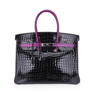 Hermes Special Order HSS Birkin 35 Bag Black & Violet Porosus Crocodile with Palladium Hardware