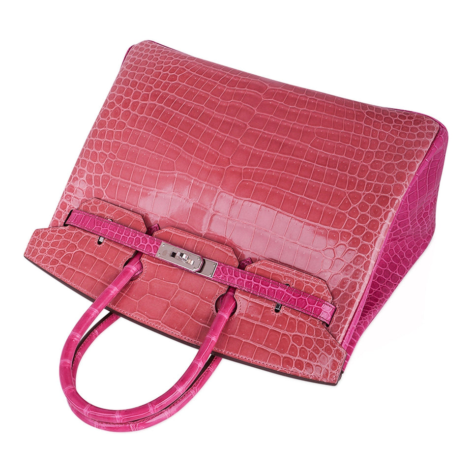 Hermes Special Order HSS Birkin 35 Bag Rose Indien & Fuchsia Porosus Crocodile with Palladium Hardware