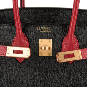 Hermes Birkin HSS 25 Bag Noir / Rouge Casaque Chevre Brushed Gold Hardware