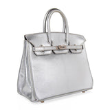 Hermes Birkin 25 Bag Metallic Silver Chevre with Brushed Palladium Hardware