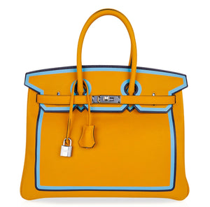 Hermes Birkin 35 Bag Jaune Ambre Blue Indigo Blue Celeste Limited Edition New