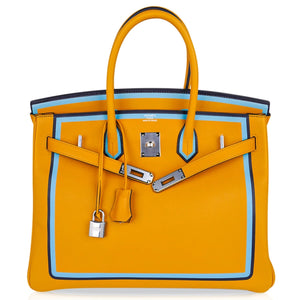 Hermes Birkin 35 Bag Jaune Ambre Blue Indigo Blue Celeste Limited Edition New