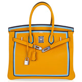 Hermes Birkin 35 Bag Jaune Ambre Blue Indigo Blue Celeste Limited Edition New