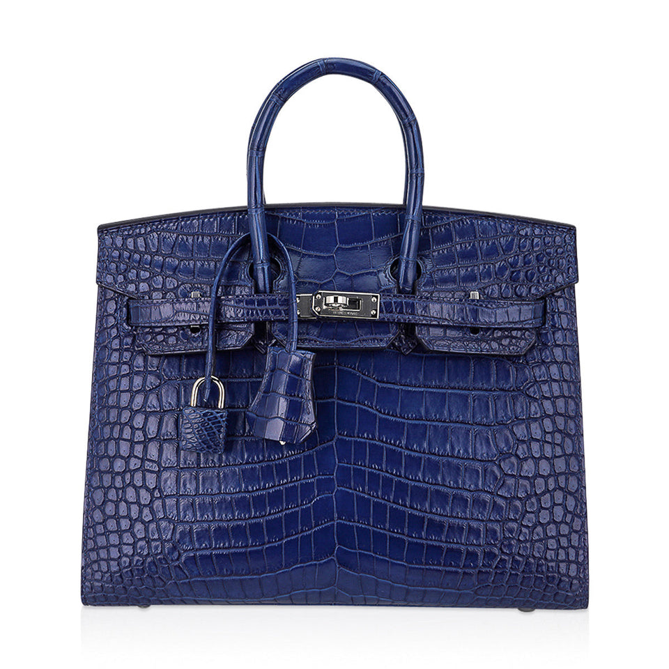 Hermes Limited Edition Birkin 25 Bag Sellier Indigo Aizome Porosus Crocodile with Palladium Hardware