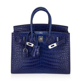 Hermes Limited Edition Birkin 25 Bag Sellier Indigo Aizome Porosus Crocodile with Palladium Hardware