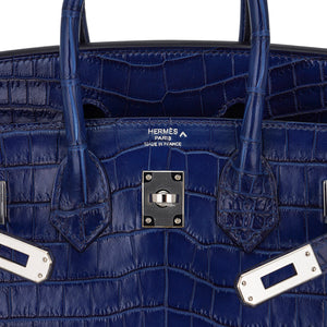 Hermes Limited Edition Birkin 25 Bag Sellier Indigo Aizome Porosus Crocodile with Palladium Hardware