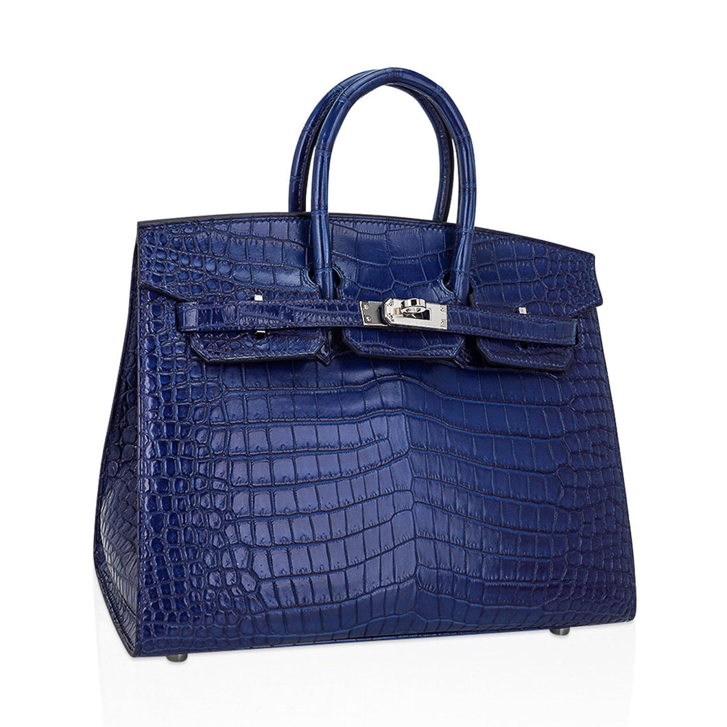 Hermes Limited Edition Birkin 25 Bag Sellier Indigo Aizome Porosus Crocodile with Palladium Hardware