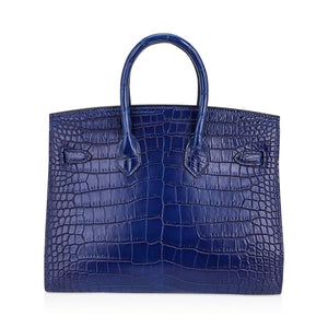 Hermes Limited Edition Birkin 25 Bag Sellier Indigo Aizome Porosus Crocodile with Palladium Hardware