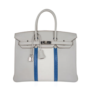 Hermes Limited Edition Club Birkin 35 Bag Gris Perle & Blanc Clemence Leather with Palladium Hardware