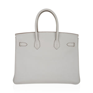 Hermes Limited Edition Club Birkin 35 Bag Gris Perle & Blanc Clemence Leather with Palladium Hardware