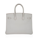 Hermes Limited Edition Club Birkin 35 Bag Gris Perle & Blanc Clemence Leather with Palladium Hardware