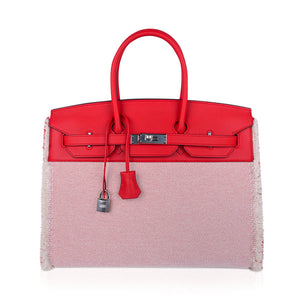 Hermes Limited Edition Birkin 35 Bag Fray Fray Framboise Toile & Swift Leather with Palladium Hardware