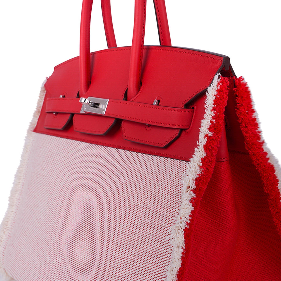 Hermes Limited Edition Birkin 35 Bag Fray Fray Framboise Toile & Swift Leather with Palladium Hardware