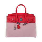 Hermes Limited Edition Birkin 35 Bag Fray Fray Framboise Toile & Swift Leather with Palladium Hardware