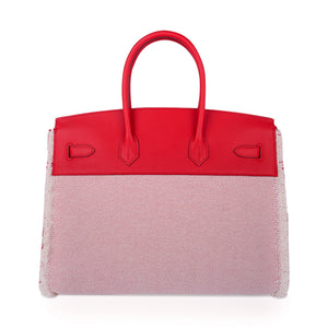 Hermes Limited Edition Birkin 35 Bag Fray Fray Framboise Toile & Swift Leather with Palladium Hardware