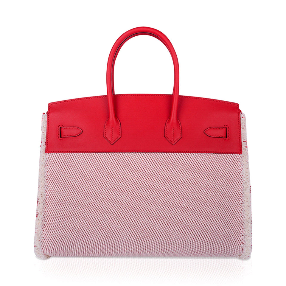 Hermes Limited Edition Birkin 35 Bag Fray Fray Framboise Toile & Swift Leather with Palladium Hardware