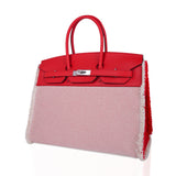 Hermes Limited Edition Birkin 35 Bag Fray Fray Framboise Toile & Swift Leather with Palladium Hardware