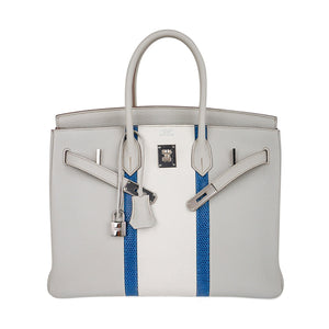 Hermes Limited Edition Club Birkin 35 Bag Gris Perle & Blanc Clemence Leather with Palladium Hardware