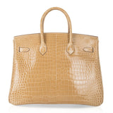Hermes Limited Edition Special Order HSS Birkin 35 Bag Poussiere La Rosee Porosus Crocodile with Palladium Hardware