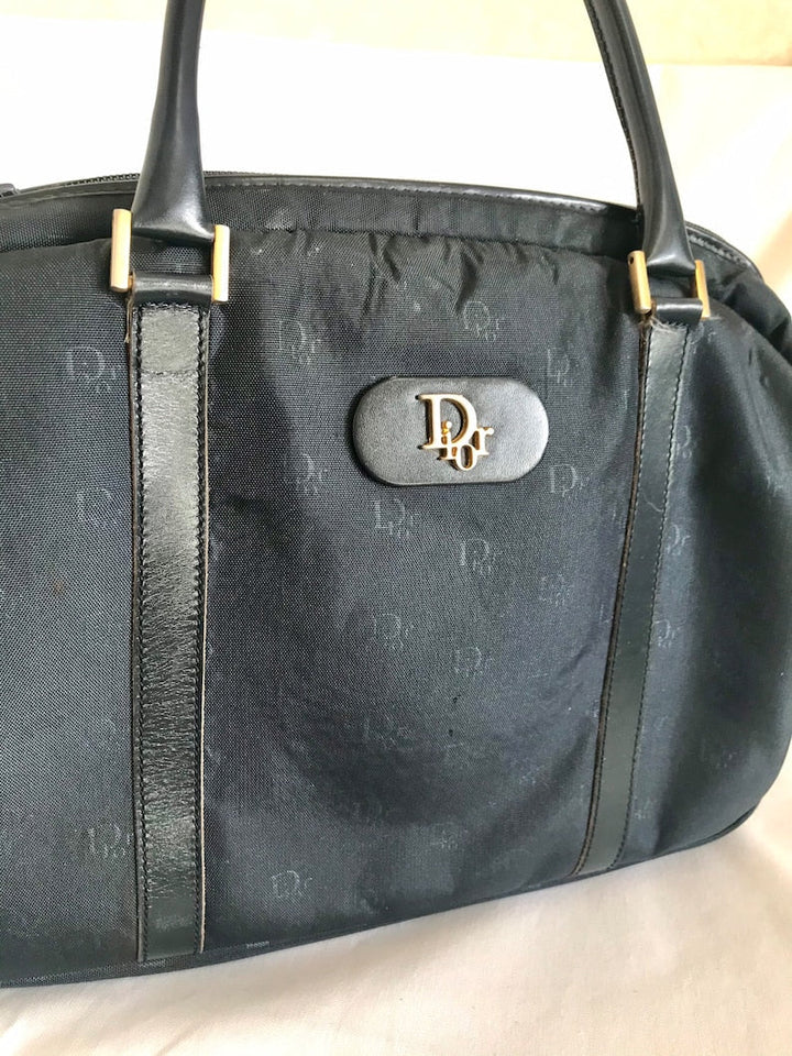 CHRISTIAN DIOR Vintage navy handbag with logo jacquard nylon and leather trimmings