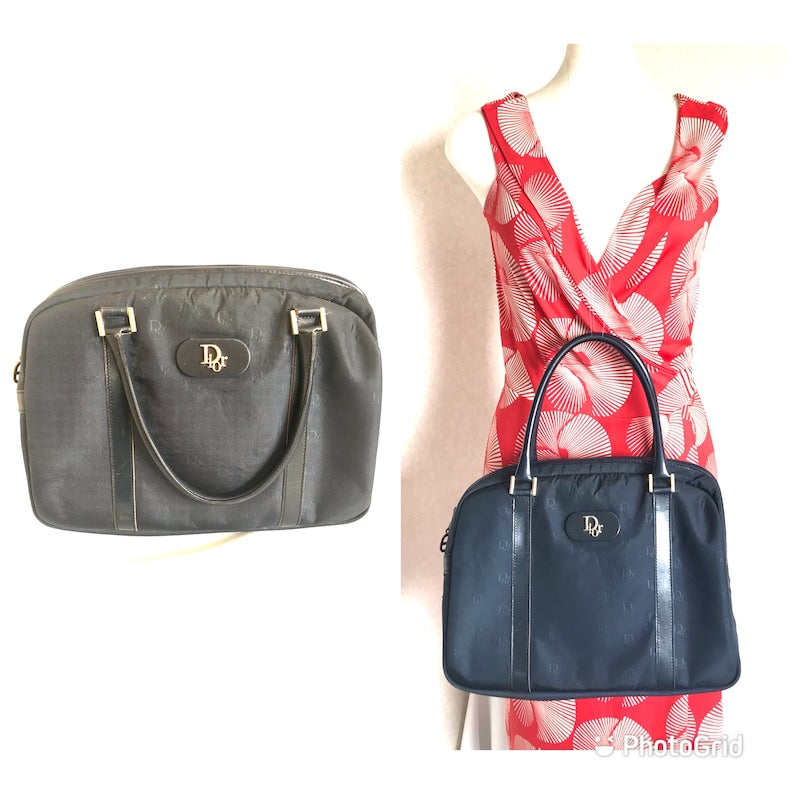CHRISTIAN DIOR Vintage navy handbag with logo jacquard nylon and leather trimmings