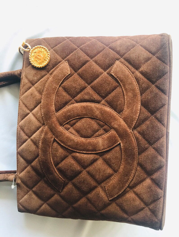 CHANEL Vintage brown suede classic tote bag with large CC mark and golden CC medal charm to the zipper