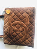 CHANEL Vintage brown suede classic tote bag with large CC mark and golden CC medal charm to the zipper