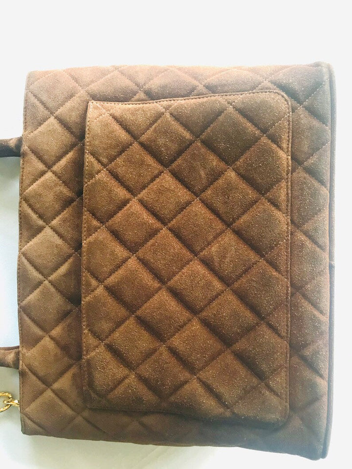 CHANEL Vintage brown suede classic tote bag with large CC mark and golden CC medal charm to the zipper