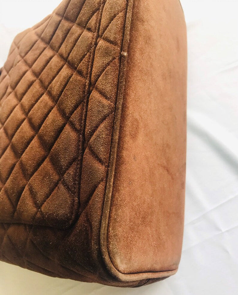 CHANEL Vintage brown suede classic tote bag with large CC mark and golden CC medal charm to the zipper