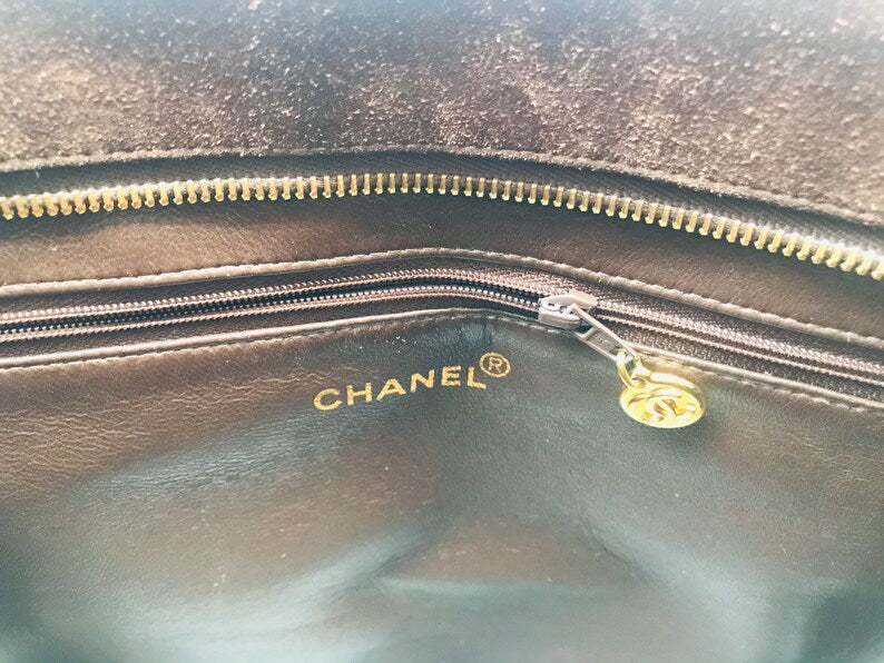 CHANEL Vintage brown suede classic tote bag with large CC mark and golden CC medal charm to the zipper