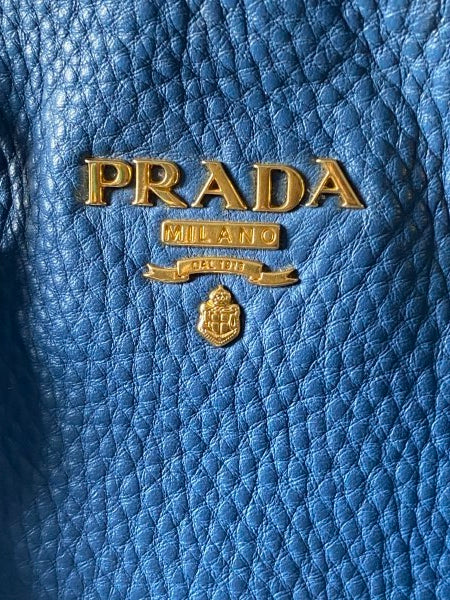 Prada Blue Vitello Daino Vertical Convertible Tote Bag
