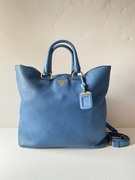 Prada Blue Vitello Daino Vertical Convertible Tote Bag