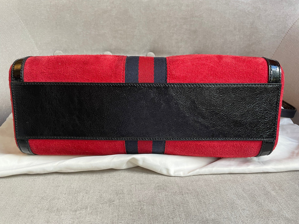 Gucci Red Suede and Blue Leather Ophidia Boston Bag