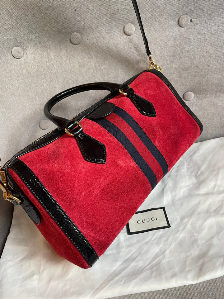 Gucci Red Suede and Blue Leather Ophidia Boston Bag