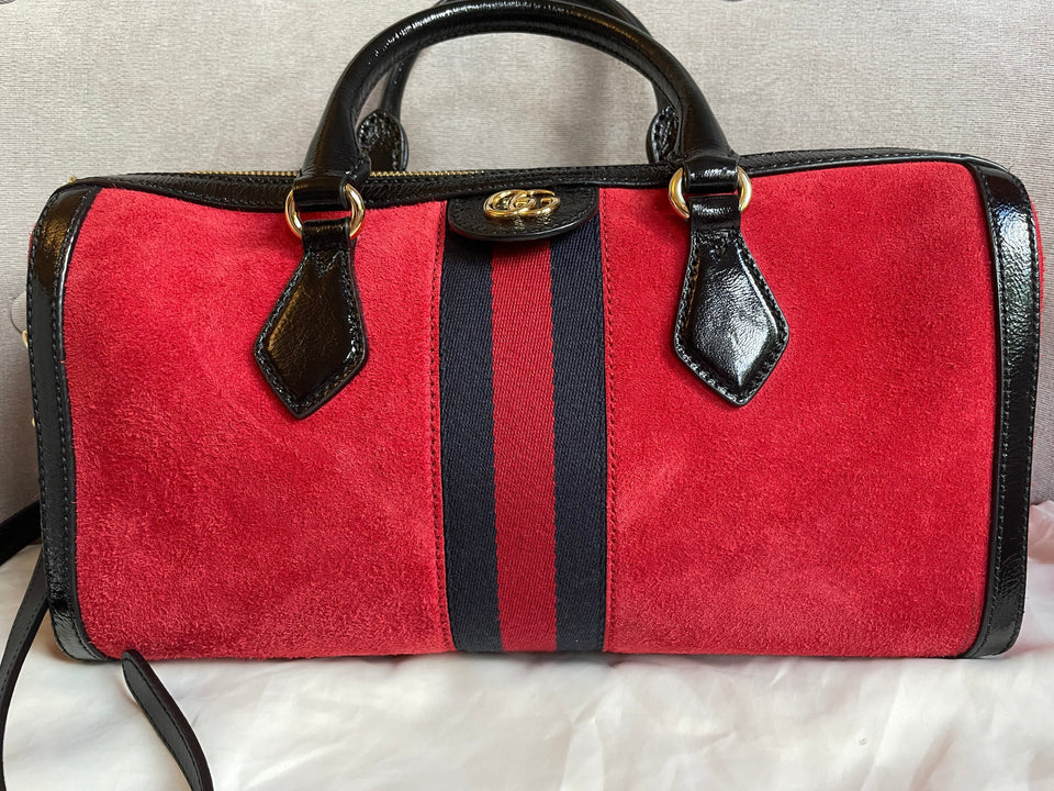 Gucci Red Suede and Blue Leather Ophidia Boston Bag